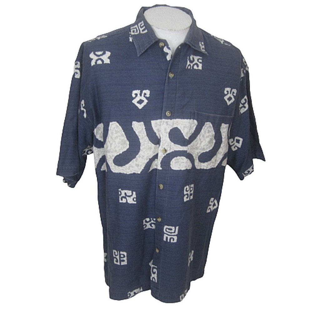 Common  Man Dale Waters Men Hawaiian camp shirt p2p 25 L  tribal cotton blue vtg